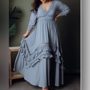 Baltic Born dusty blue ruffle, maxi dress, size medium